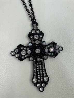 Crystal-Embellished Black Cross Pendant Necklace Statement Cross